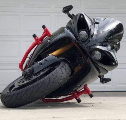 Impaktech full crash cage - Yamaha R1 red cage - laying on side frame sliders