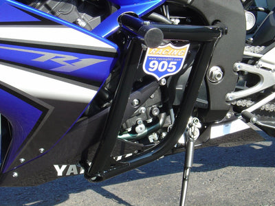blue Yamaha R1 with black stunt cage Racing 905