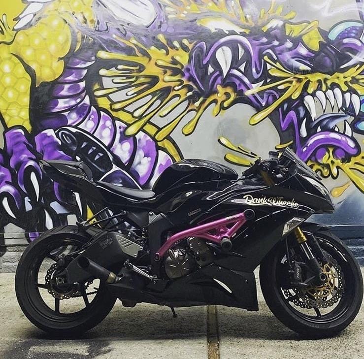 2013-2019 ZX6R 636 crash cage New Breed purple black spring loaded sliders Dank Wheelie